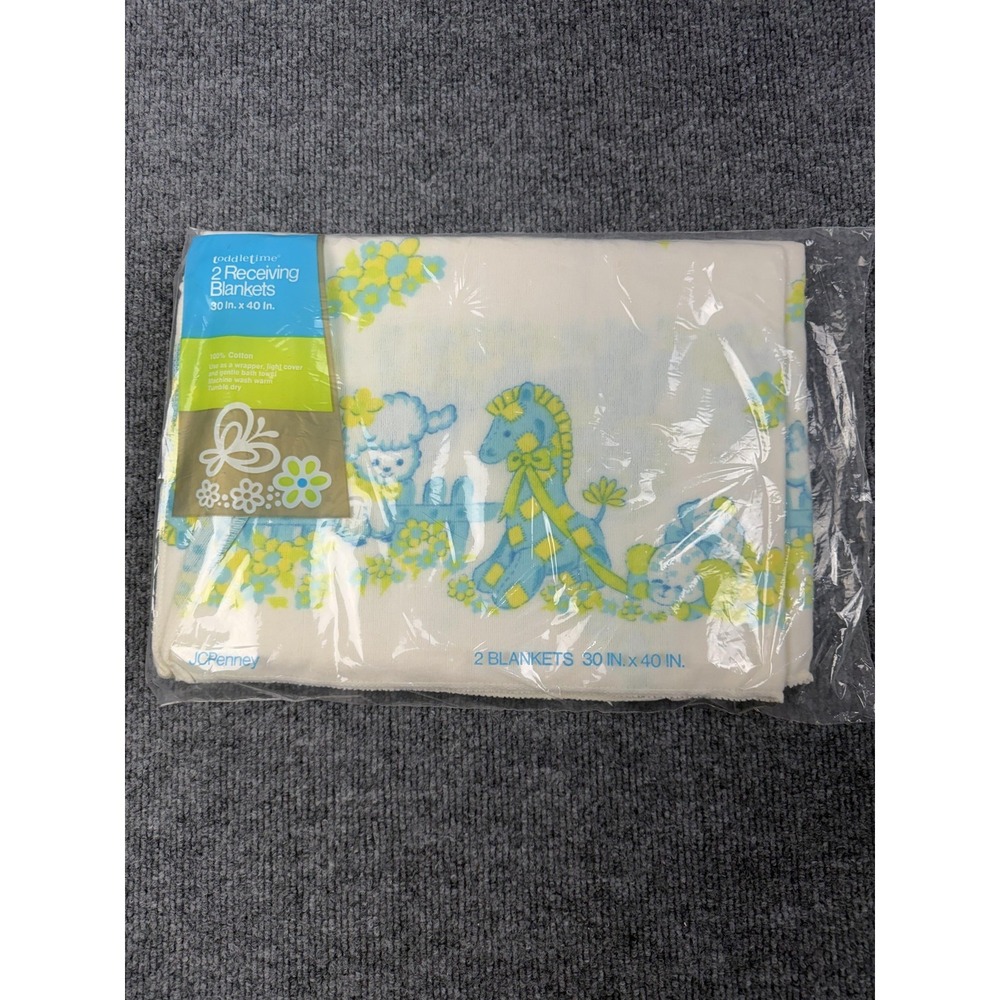 Vintage JCPenney Toddletime Lamb Receiving Blankets 2 Pack White Cotton 30x40
